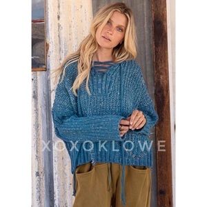 POL Teal Distressed Hoodie Sweater | Oversized Ribbed Knit